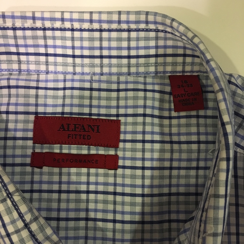 Alfani Fitted Performance Blue White Checked Butt… - image 5